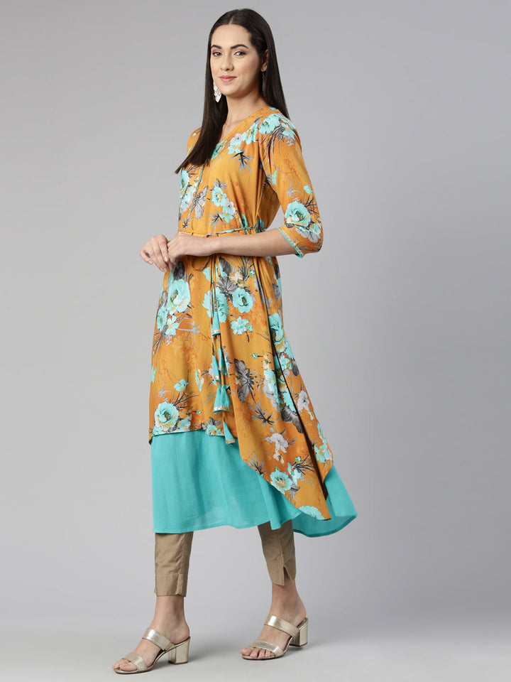 Neerus Floral Printed Layered Ethnic Midi Dress