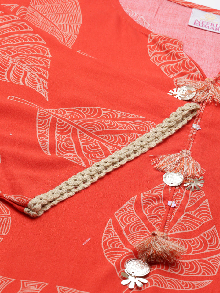 Neerus Orange cotton printed kurti A-line - detail view 2