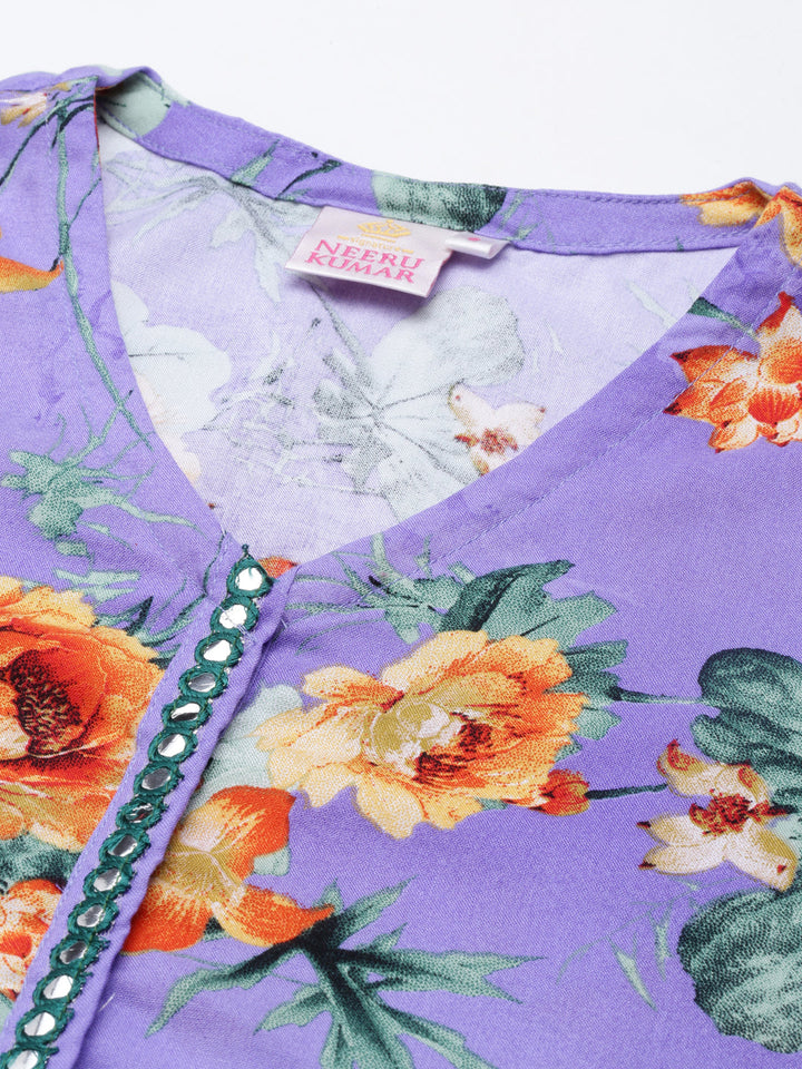Neerus Purple cotton printed Anarkali kurta - detail view 3
