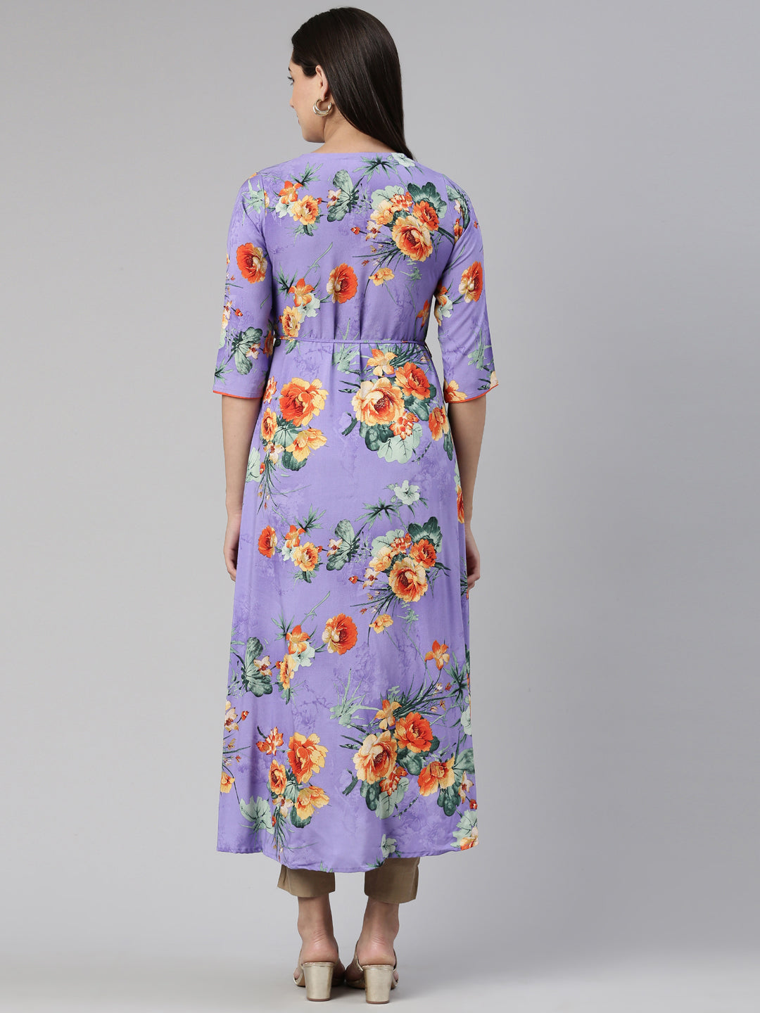 Neerus Purple cotton printed Anarkali kurta - side view