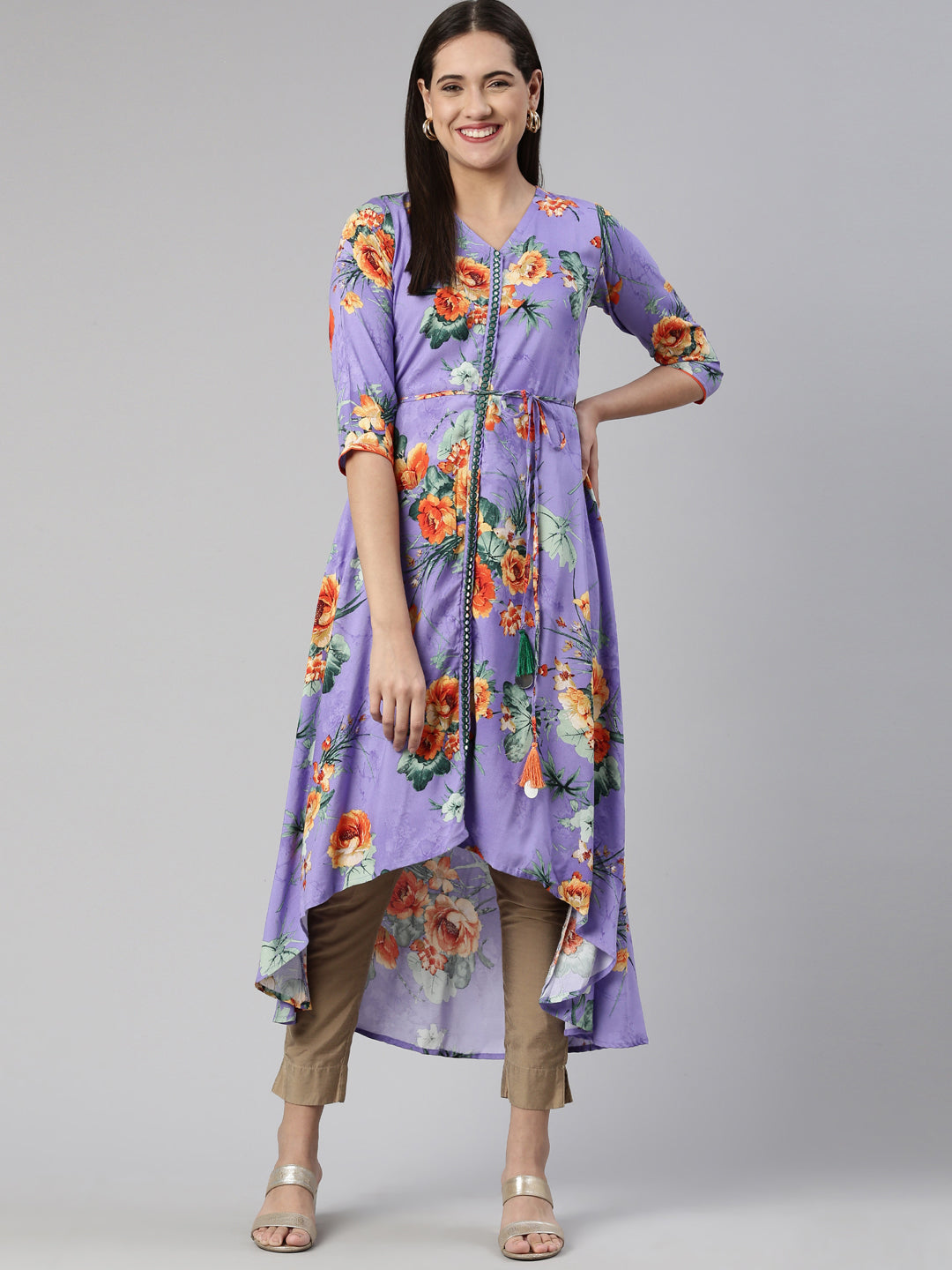 Neerus Purple cotton printed Anarkali kurta - front view