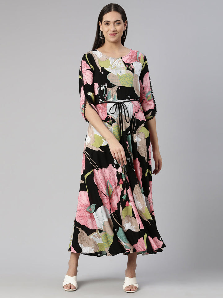 Neerus Multi rayon printed maxi dress - front view