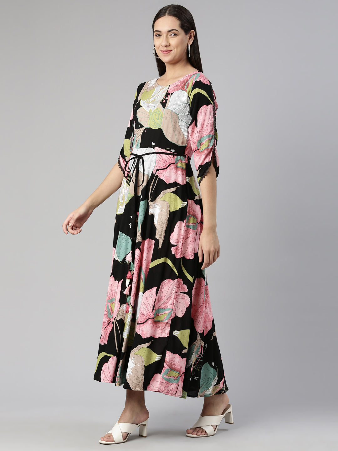 Neerus Multi rayon printed maxi dress - back view