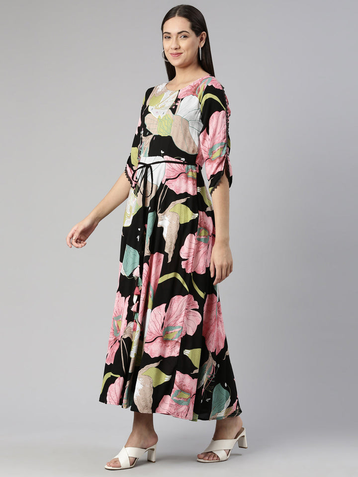 Neerus Multi rayon printed maxi dress - back view