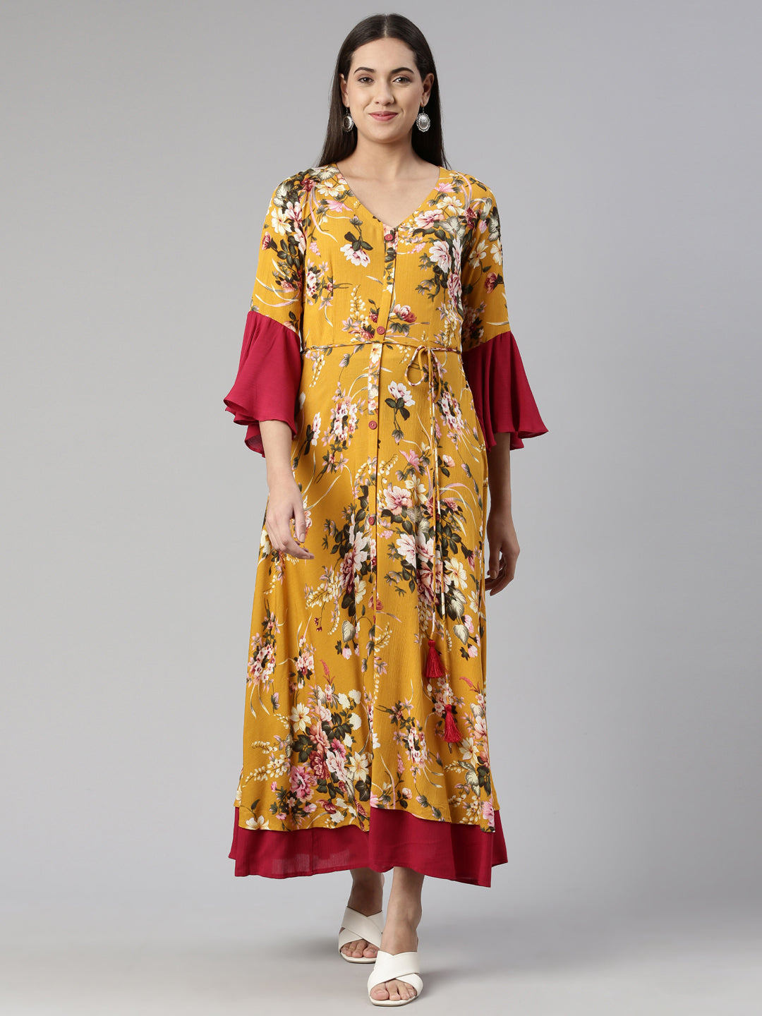 Neerus Multi floral printed rayon maxi dress - front view
