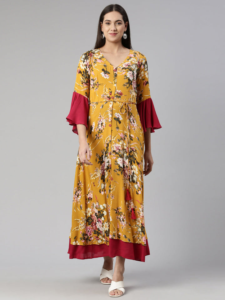 Neerus Multi floral printed rayon maxi dress - front view