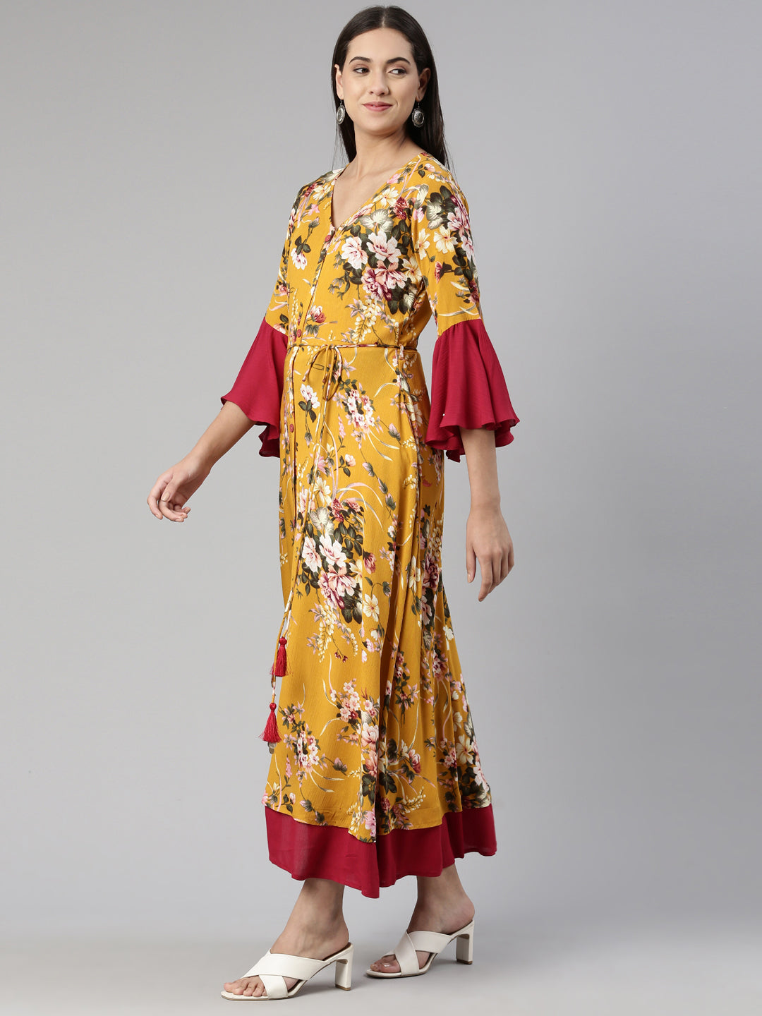 Neerus Multi floral printed rayon maxi dress - back view