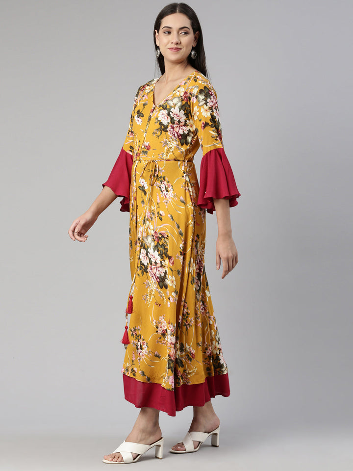 Neerus Multi floral printed rayon maxi dress - back view