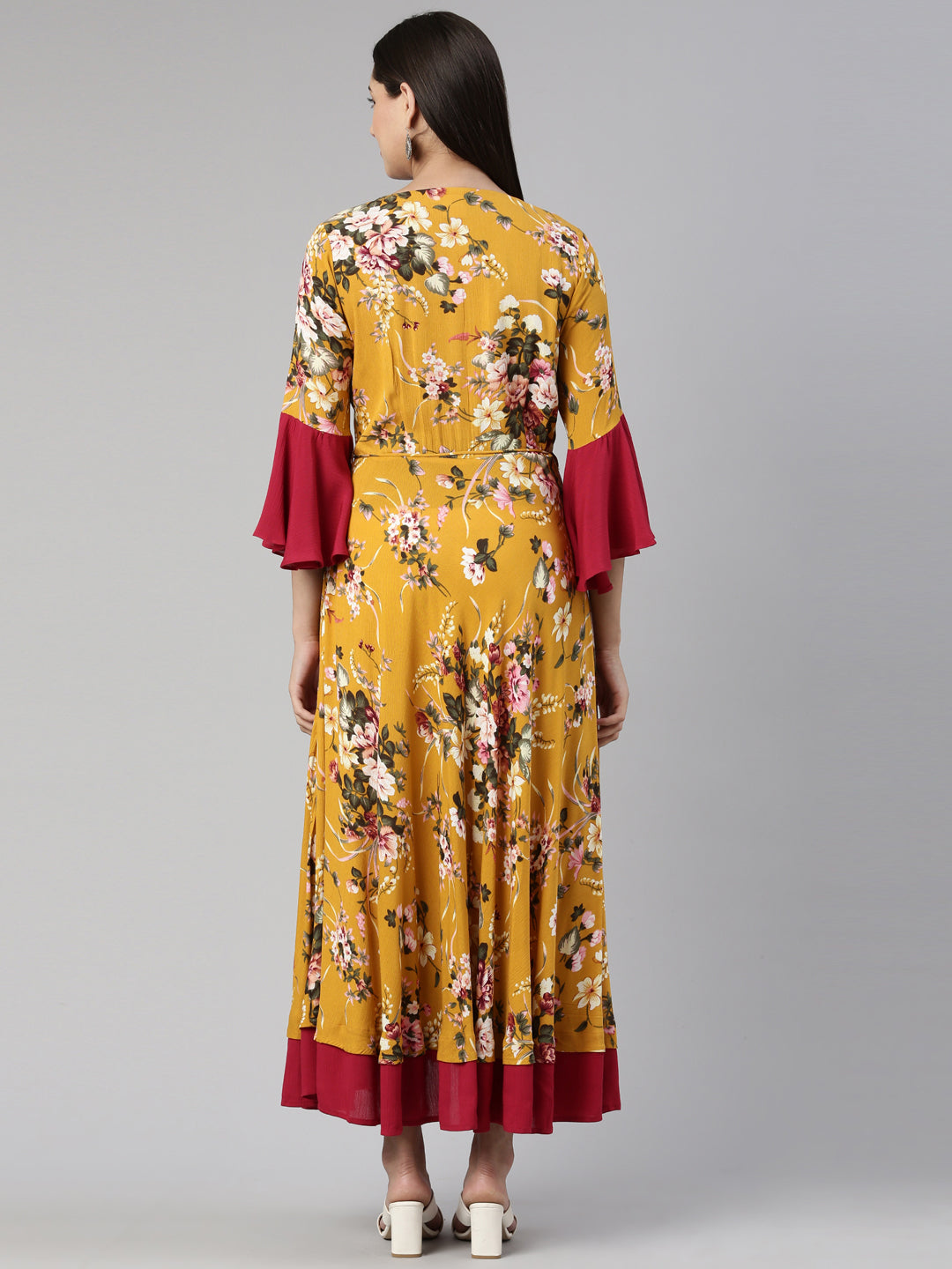 Neerus Multi floral printed rayon maxi dress - side view