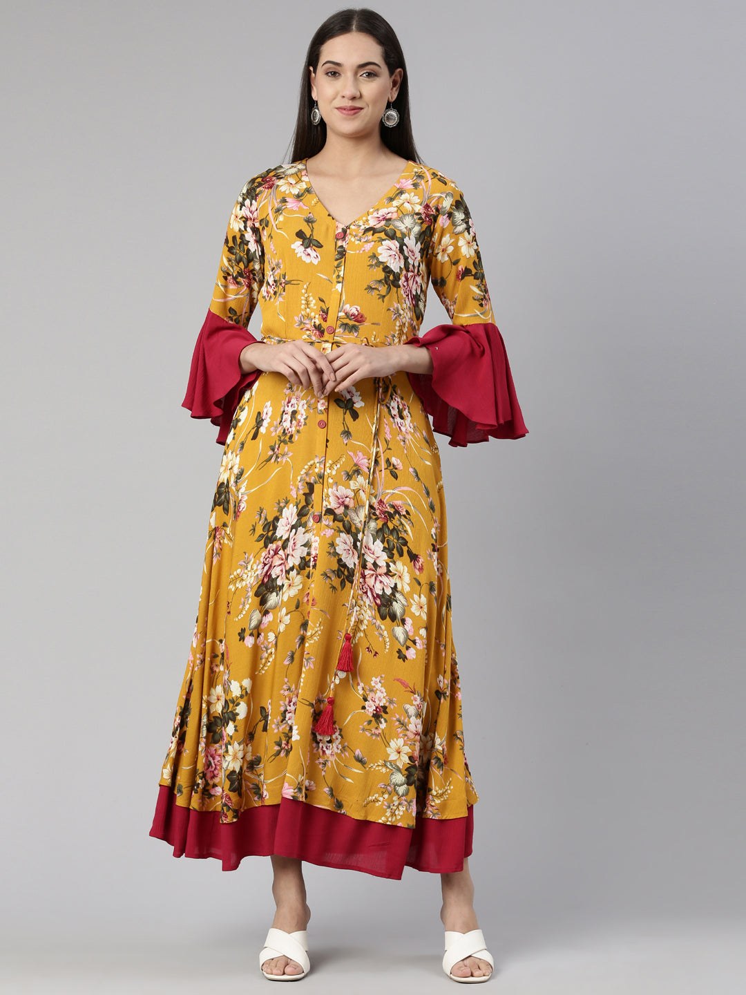 Neerus Multi floral printed rayon maxi dress - detail view 2