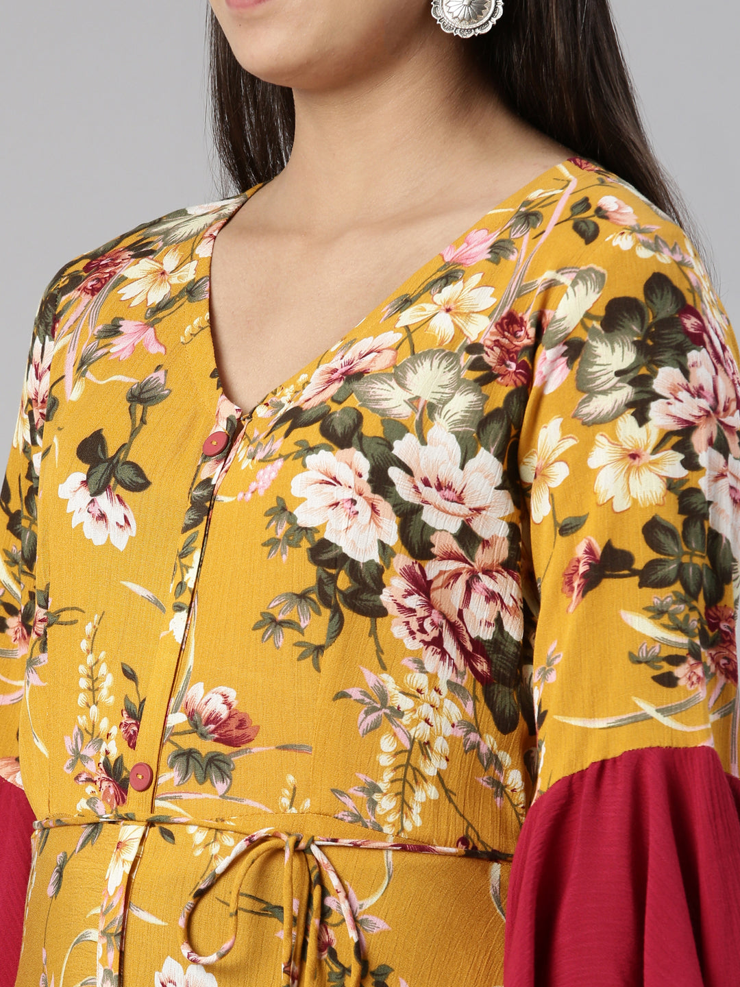 Neerus Multi floral printed rayon maxi dress - detail view 1