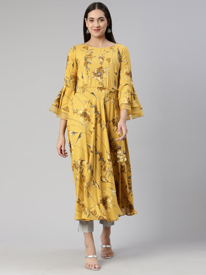 Neerus Yellow cotton silk printed anarkali kurta - front view