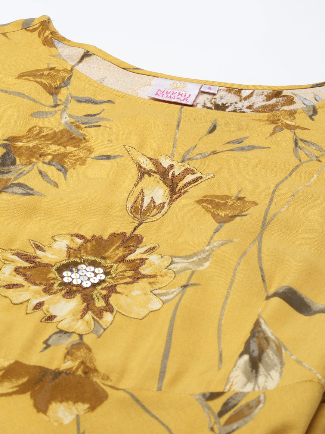 Neerus Yellow cotton silk printed anarkali kurta - detail view 4