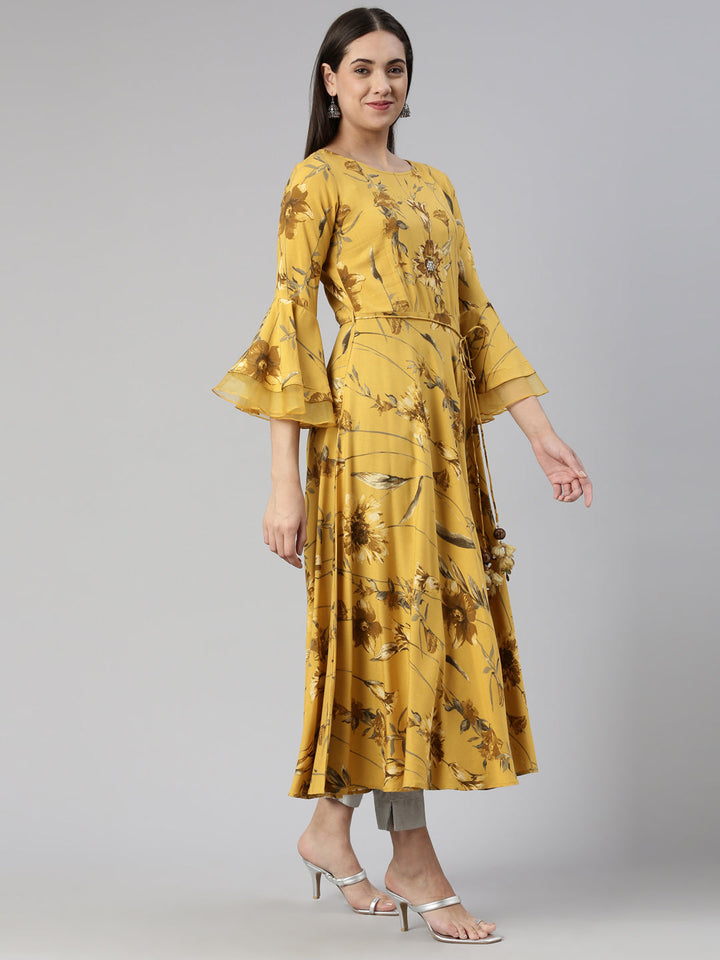 Neerus Yellow cotton silk printed anarkali kurta - back view