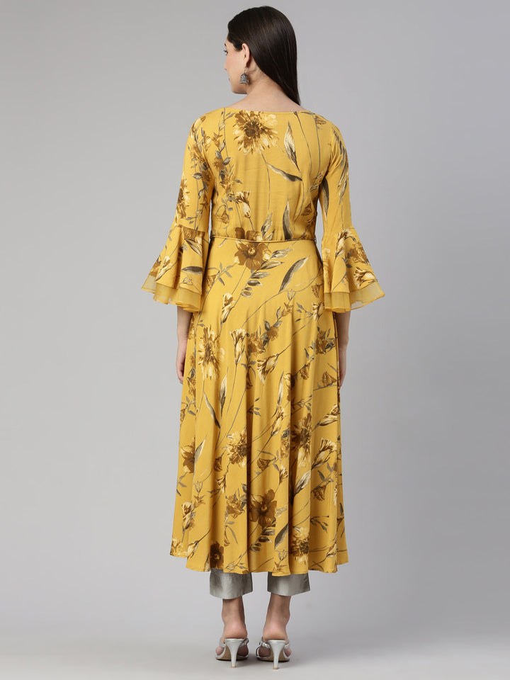 Neerus Yellow cotton silk printed anarkali kurta - side view