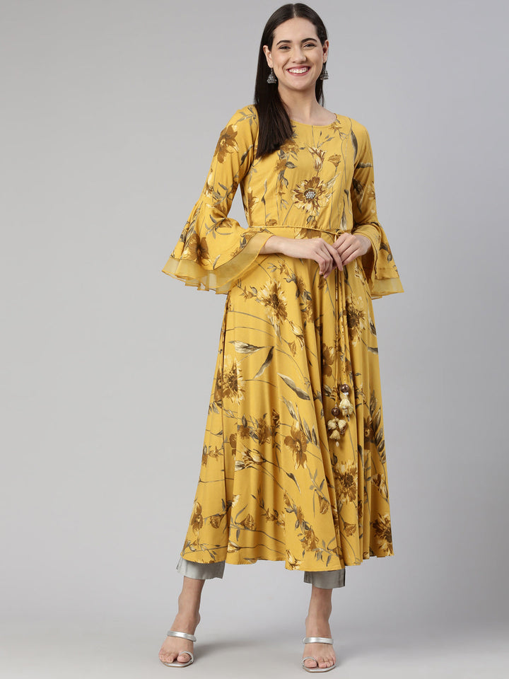 Neerus Yellow cotton silk printed anarkali kurta - detail view 5