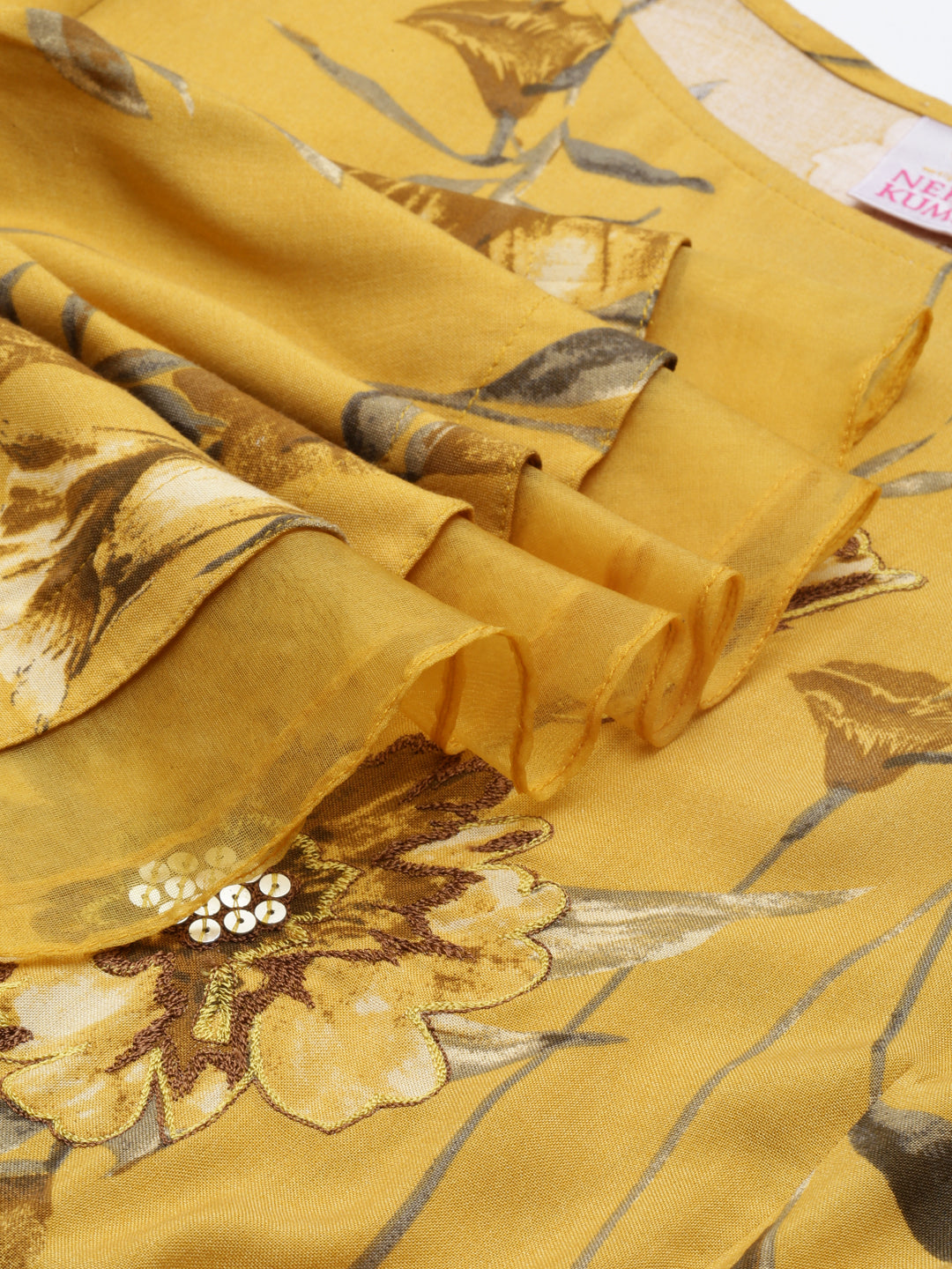 Neerus Yellow cotton silk printed anarkali kurta - detail view 2
