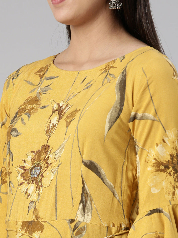 Neerus Yellow cotton silk printed anarkali kurta - detail view 1