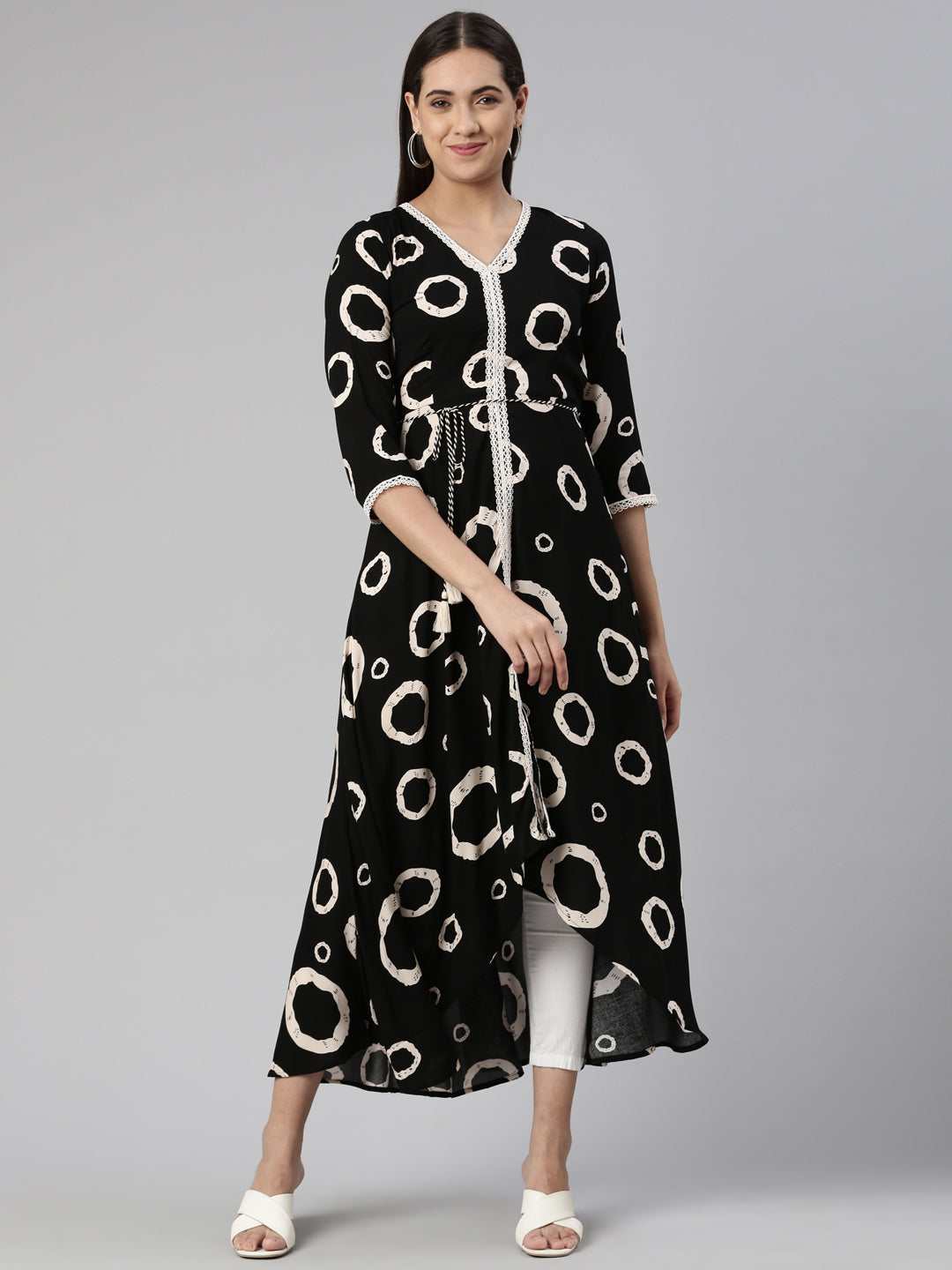 Neerus Black cotton anarkali kurta - front view