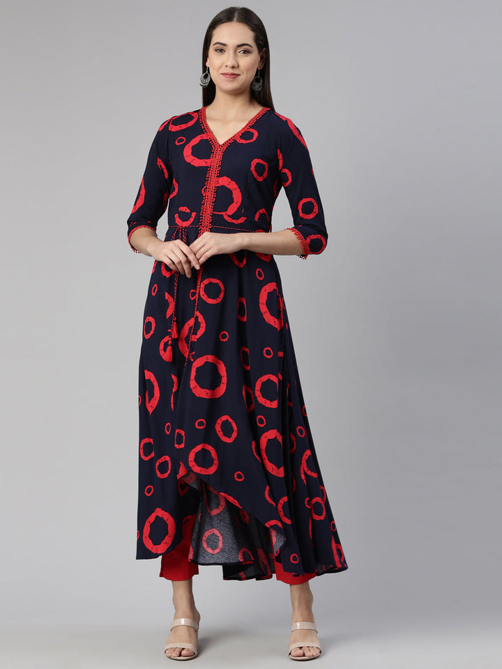Neerus Blue cotton anarkali kurta - front view