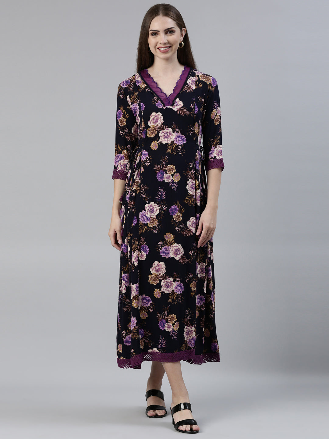 Neerus Blue viscose rayon printed A-line kurti - front view
