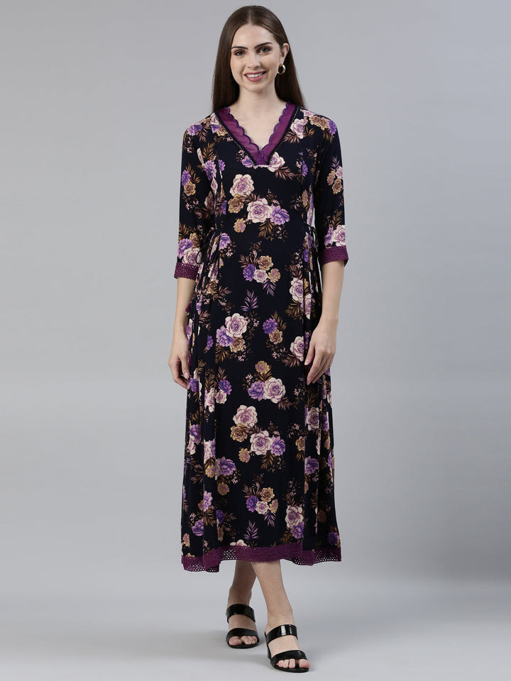 Neerus Blue viscose rayon printed A-line kurti - front view