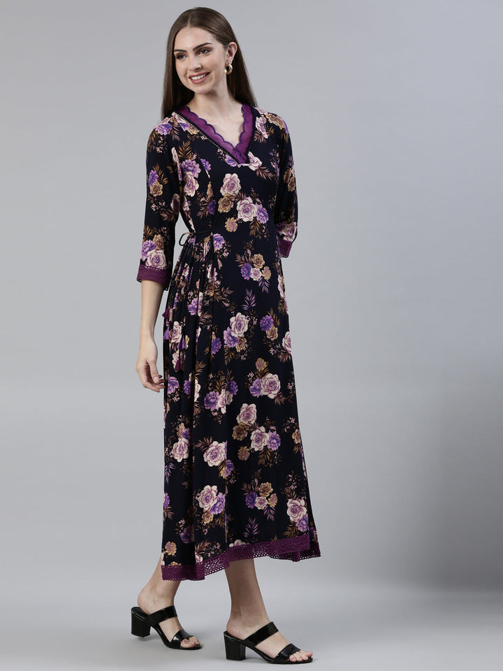 Neerus Blue viscose rayon printed A-line kurti - back view