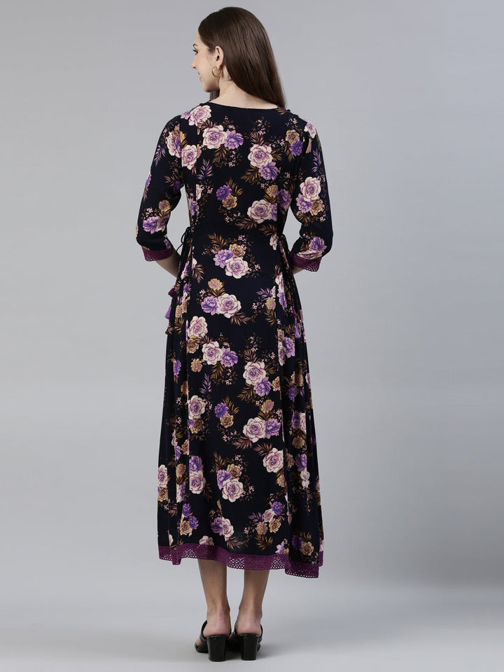 Neerus Blue viscose rayon printed A-line kurti - side view