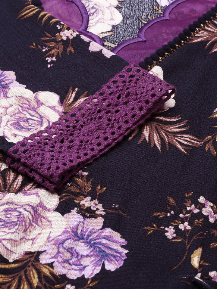 Neerus Blue viscose rayon printed A-line kurti - detail view 2