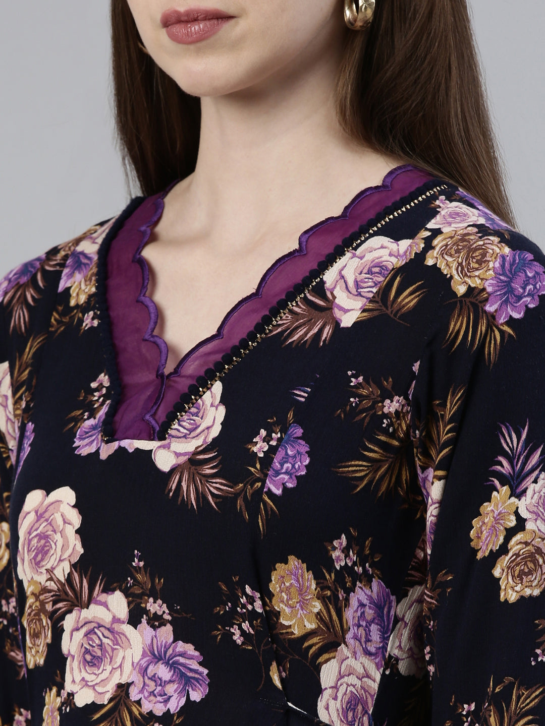Neerus Blue viscose rayon printed A-line kurti - detail view 1