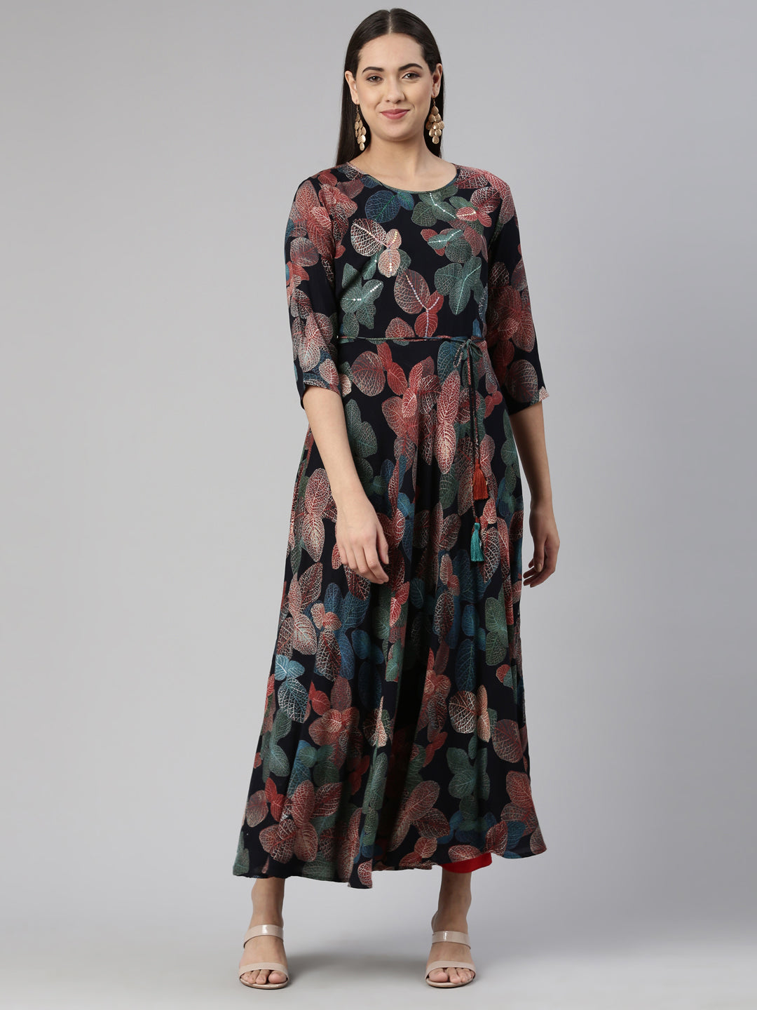Neerus Multi rayon floral printed maxi dress - front view