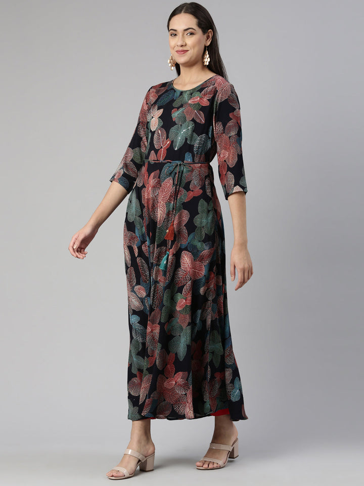 Neerus Multi rayon floral printed maxi dress - back view