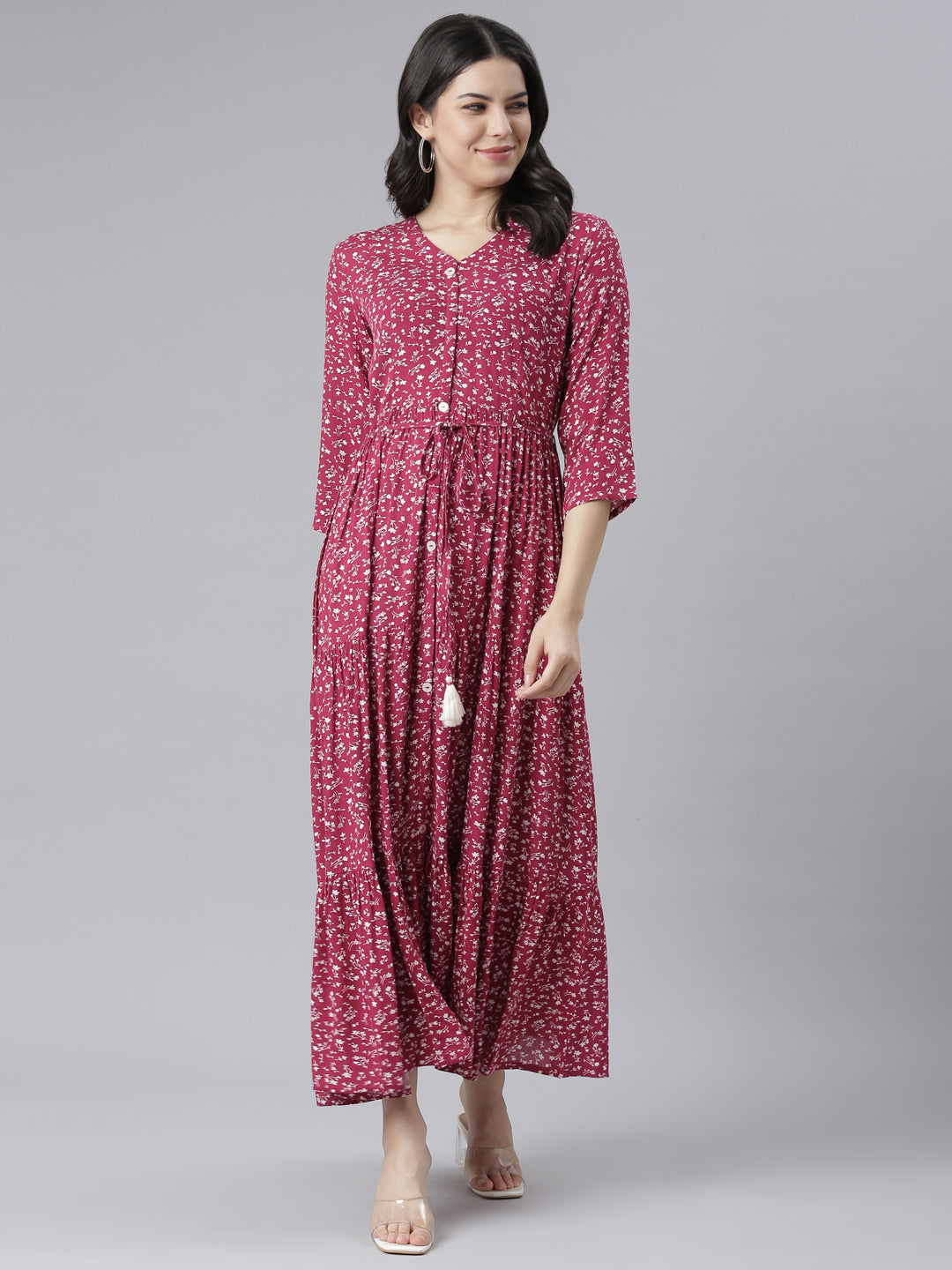 Neerus Pink floral printed straight dress - front view