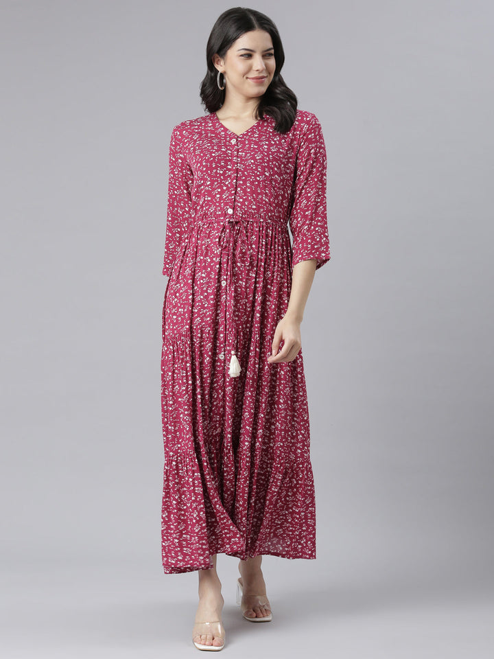 Neerus Pink floral printed straight dress - front view