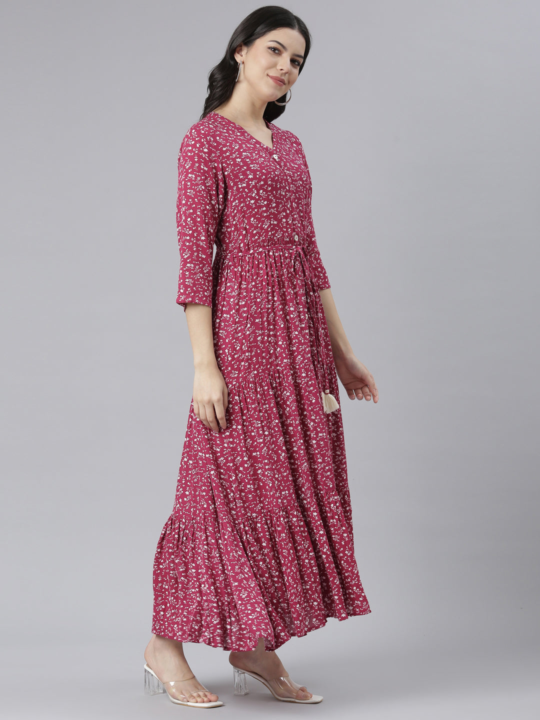 Neerus Pink floral printed straight dress - back view