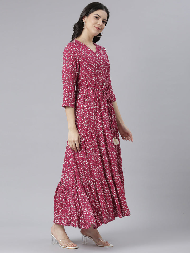 Neerus Pink floral printed straight dress - back view