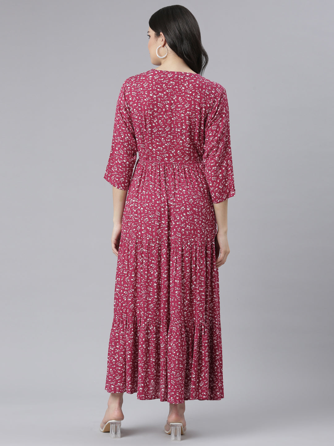 Neerus Pink floral printed straight dress - side view