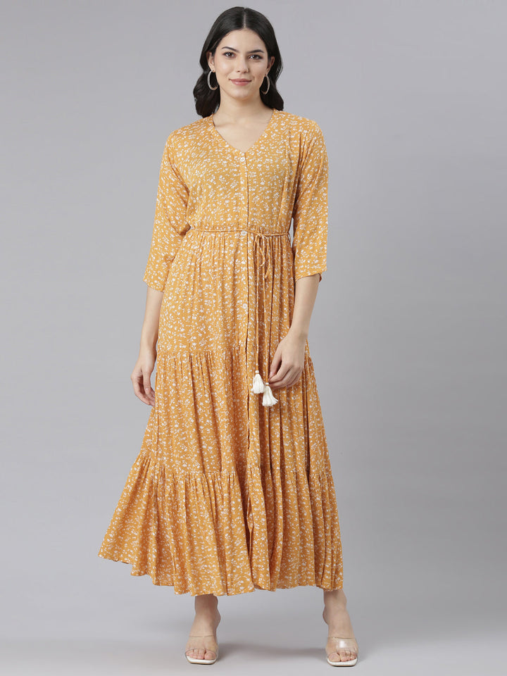 Neerus Yellow chiffon printed floral dress - front view