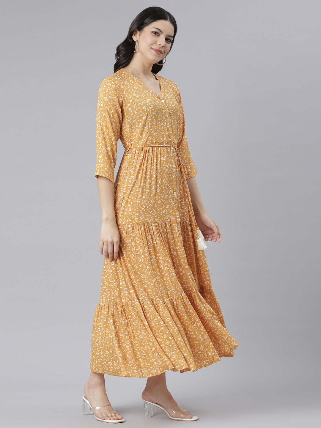 Neerus Yellow chiffon printed floral dress - back view