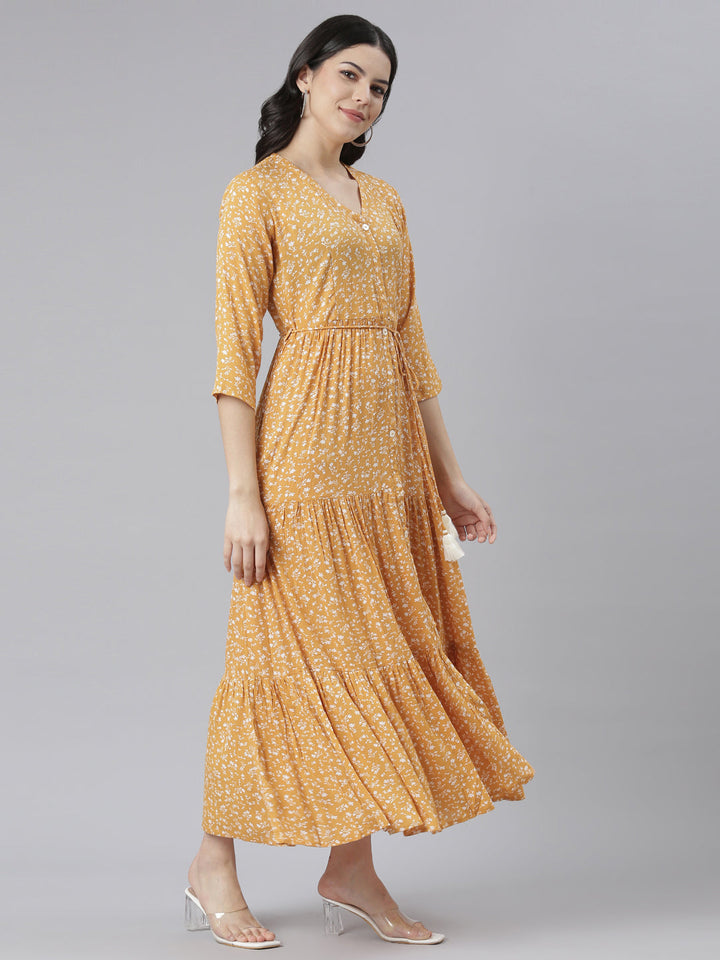 Neerus Yellow chiffon printed floral dress - back view