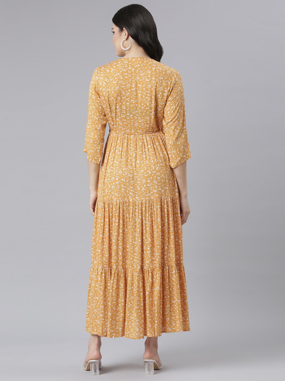 Neerus Yellow chiffon printed floral dress - side view