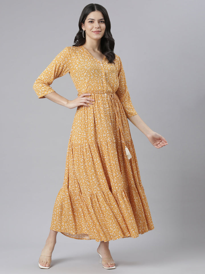 Neerus Yellow chiffon printed floral dress - detail view 2