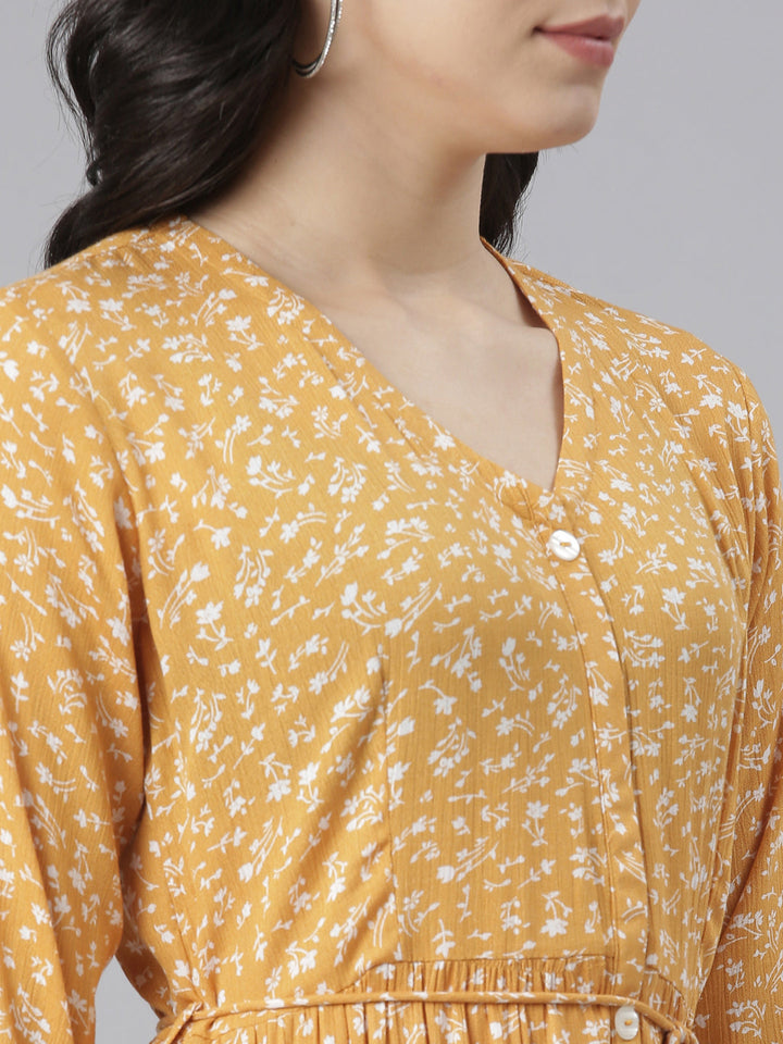 Neerus Yellow chiffon printed floral dress - detail view 1
