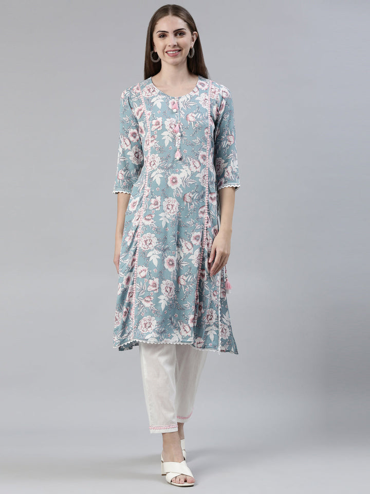Neerus Blue Silk Chiffon Printed Kurta Set - front view