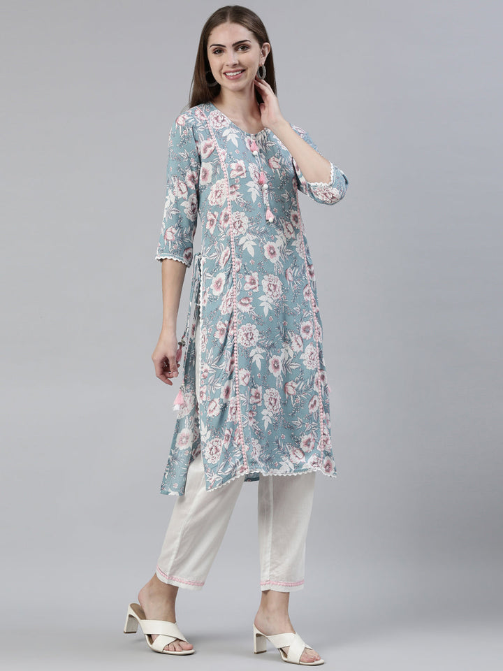 Neerus Blue Silk Chiffon Printed Kurta Set - back view