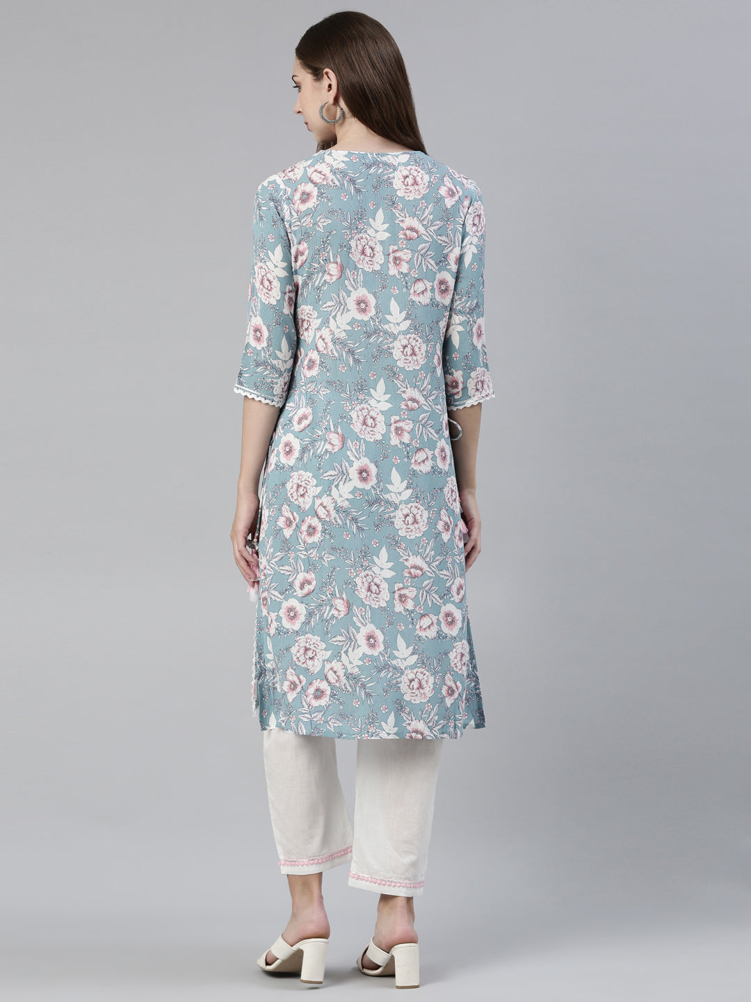 Neerus Blue Silk Chiffon Printed Kurta Set - side view