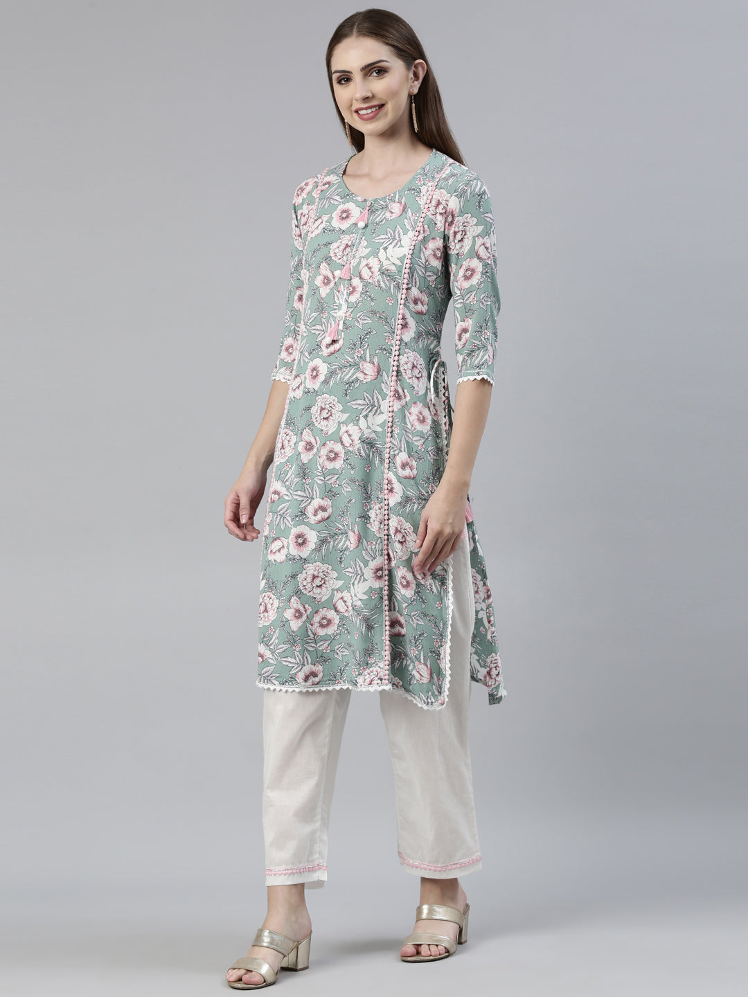 Neerus Green printed straight kurta set with trousers - back view