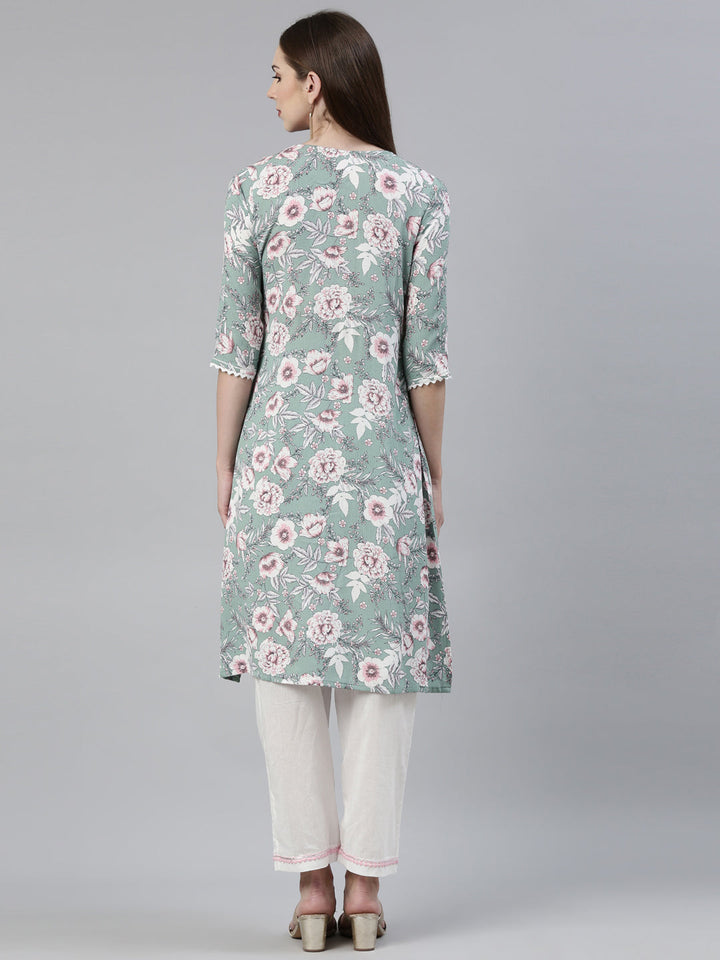 Neerus Green printed straight kurta set with trousers - side view