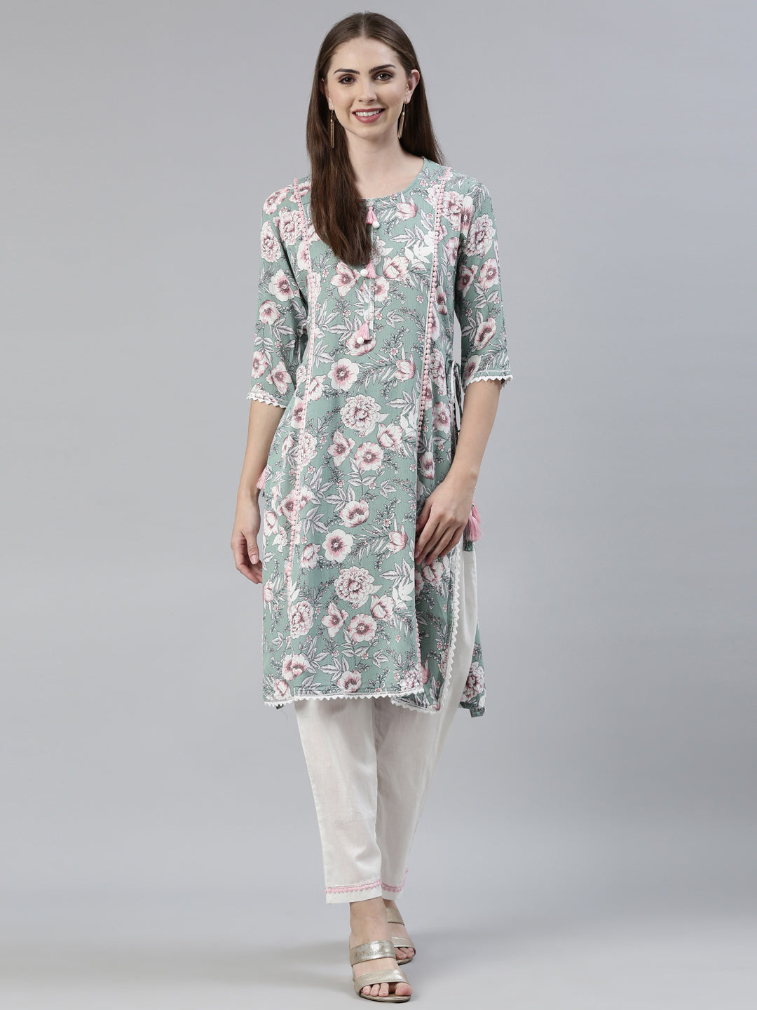 Neerus Green printed straight kurta set with trousers - front view