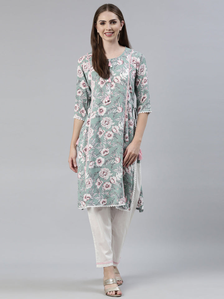 Neerus Green printed straight kurta set with trousers - front view